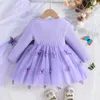 Robes de printemps et d'automne pour filles, robe à manches longues, en maille violette, princesse élégante, pour bébés de 1 à 4 ans