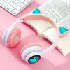 Fones de ouvido com orelhas de gato fofos Bluetooth sem fio para jogos com luz LED piscante rosa estéreo música