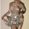 Bühnenkleidung Silber glänzende Strasssteine Pailletten Sexy Quastenkleid für Frauen Prom Jazz Dance Kleidung Nachtclub Bar Sänger Kostüme