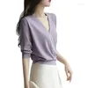 Women's T Shirts Summer Mid Sleeved V-neck Purple Ice Silk Knit T-shirt Top