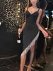 Casual Kleider Frauen Ärmelloses Kleid Sommer Schlitz Lange Party Mit Strass Kette Quasten Für Cocktail Nachtclub Strand