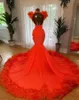 Plumes strass sirène robes de soirée Aso Ebi col en V dos nu femmes robes de bal formelles Court Train orange dos nu