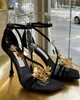 Summer Luxury Women Zea Sandals Shoes Black Satin Leather Metal Flowers High Heels Comfort Footwear Lady Gladiator Sandalias EU35-41