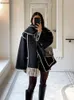 Women's Jacket's Wool Blends Contrast Single Breasted Women Coat with Scarf Long Sleeve Oversized Loose Tassles Jacket 2023 Autumn