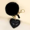 Key Rings Fluffy Plush Ball Keychain Faux Fur Pompom Rhinestone Heart Bag Pendant Key RSolid Color Key Chains J240108