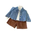 Coreano ins bebê meninas casaco denim manga puff ombro almofada comprimento curto solto moda crianças menina outerwear sólido criança menina topos 240106