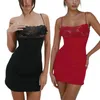 Casual Dresses Hirigin Women's Bodycon Mini Sleeveless Spaghetti Strap Lace Patchwork Short Dress Black/Red