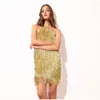 Casual Dresses Luxury Sexy Tassel Halter Mini Dress for Women Summer Glitter rygglöst Sparkly Fringe Slim Party Club kväll