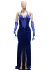 Casual Dresses Beyprern Women's Sequins Embellished Velvet Long Maxi Dress Gown Royal Blue Rhinestones Corset Party Birthday Outfits