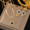 Pendant Necklaces Fashion Four-leaf Flower Stainless Steel Earrings Necklace Set For Women Lucky Turkish Blue Eyes Drop Daywear Jewelry