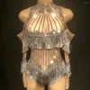 Stage Wear 2024 Shining Rhinestones Tassel Sexy Bodysuits For Women Nightclub DJ Clothing Pole Dance Costumes Bar Wears