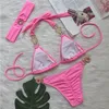 Pembe Seksi Bikinis Mayo Kalp Rhinestones Kadın Mayo Kadın Push Up Bikini Plajı Yüzme Giyim Mayo Takımları Havuz Bather 240108