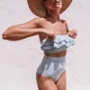 Kadın Mayo Seksi Retro Mavi Beyaz Çizgili Bandeau Yüksek Bel Bikini 2024 Lady Women Mayo Kadın Fırfırlı Düzenli Yüzme Mayosu