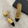 Kläd kvinnor skor designer chanellls skor höga klackar modeskor äkta läder öppet på formella chunky häl slingbacks