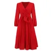 2024 European and American women's new long sleeved slim fit pleated belt V-neck dress A-line skirt