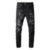 Jeans da uomo neri effetto consumato slim fit stile streetwear bandana colorata patchwork skinny fori elasticizzati High Street strappato