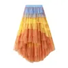 Skirts 2024 Autumn Women Short Front Long Back Irregular Skirt Cake Rainbow Tulle Mesh Skater Colorful High Low Ruffle Party