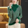 Women's T Shirts Clothing Interior Lapping Printing Striped Autumn Winter Thin Ladies Patchwork Pullovers Turtleneck Long Sleeve Sweater