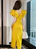 Vestidos de festa moda feminina francês maxi vestido mulher amarelo babados manga sem costas fenda bodycon robe vestidos baile banquete anfitrião vestido
