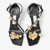 Bridal Wedding Zea Sandals Shoes Metal Flowers Women Square Toes High Heels Black Satin Lady Luxury Brand Gladiator Sandalias EU35-41 Original Box