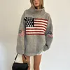 Harajuku Retro Women's American Flag Long sleeved Drawn Sweater Knitted High Neck Large Y2K Retro Sweater 240106