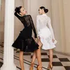 Sahne Giyim Rumba Cha-Cha Samba Kovboy Boğa Dans Kadınları Latin Vücut Takım Zarif Lüks Uzun Kollu Parmak Dantel Tulum
