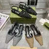 Diseñador Sandalias planas de cristal Mujer Slingback Lace Ballet Sandalias planas Punta cuadrada Bomba Malla negra Telas transparentes Zapatos de lujo Borde de encaje Zapato de vestir de moda 35-41