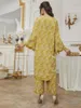 Calças femininas de duas peças elegante agasalho mulheres 2 conjunto roupas primavera roupas abayas dubai impressão robe top e conjuntos de musselina combinando