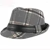 Baretten HT2775 Fedora Mannen Lederen Band Fedora Hoed Trilby Jazz Retro Mannelijke Herfst Winter Hoeden Voor Vintage Plaid Wol