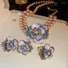 Necklace Earrings Set FYUAN Vintage White Pearl For Women Black Enamel Crystal Flower Ring Party Bridal