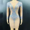 Stage Wear Nude Long Sleeves Shining Blue Rhinestones Sexy Dress For Women Evening Party Clothing Singer Costumes Entertainer