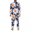 Masculino sleepwear margaridas branco azul pijama homem abstrato flores design confortável nightwear outono 2 peça retro oversized gráfico pijama