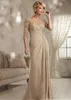 Elegant Champagne Mother of The Bride Dress 2024 Plus Size Scoop Beaded Lace Chiffon Half Sleeves Groom Wedding Party Gown