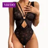 YBFDO Body de encaje calado sensual, lencería transparente para mujer, mono ajustado con espalda descubierta y anillo redondo, lencería Sexy para mujer, Body Femm 240108