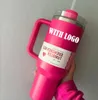 Copo de 40 onças com logotipo H2.0 temperado Pink Cosmo Pink com alça e tampa de copo isolada com palha de aço inoxidável com logotipo Watermelon Moonshine