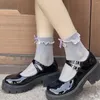 Women Socks Sweet Cute Girls JK Lolita Japanese Velvet Bow Ruffle Hollow Out Sexy Lace Mesh Thin Low Cut Ankle