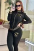 2024 Black Two Piece Pants Tracksuit Women Casual Zip Neck Jacket and Trouser Sets Free Ship