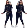 2024 Black Two Piece Pants Tracksuit Women Casual Zip Neck Jacket and Trouser Sets Free Ship