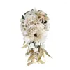 Dekorativa blommor Champagne White Silk Wedding Bridla Buquets för årsdag Romantisk kastande bukett konstgjorda