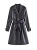 Trench da donna in ecopelle PU Cintura da cappotto allentata doppio petto da donna da ufficio Cappotti lunghi neri Elegante soprabito femminile casual 240108