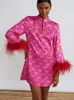 Mode plumes mini robe femmes printemps 2024 nouveau à manches longues a-ligne jupe courte femmes élégant imprimé gilet de fête pour femmes 240108