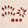 False Nails Red Flame Pattern Fake Sweet Cool Almond Artificial Nail Patch Fashion Apple Printed Fl Er Stick On Tips 24Pcs Drop Delive Otwgu