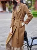 QOERLIN S-4XL Sashes Elegant Coat Women Long Coat Black Winter Clothes Notched Collar Double-Breasted Overcoat Trench Korean 240108