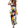 Casual Dresses Mondrian Style Dress Womensvintage Maxi V Neck High midje Streetwear Design Boho Beach Long Long