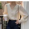 Women's Blouses Spring French Solid Color Women Shirt Sweet Ladies Elegant Woman Apricot Fashion V-neck Street Long-sleeved Top