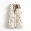 가을 겨울 여성 솔리드 느슨한 조끼 드로우 스트링 스탠드 칼라 긴 조끼 재킷 면화 패딩 여성 바람 방전 따뜻한 양복 조끼 240108