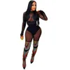 2024 Designer Sexig Mesh Patchwork Jumpsuits Women Spring BodyCon Rompers Långärmning Se genom leggings overall Party Night Club Wear Wholesales Clothing 10500