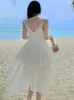 Sukienki swobodne moda boho sukienka 2024 Summer Słodka koronkowa patchwork w stylu dekoltowym pasek spaghetti Slim nieregularny świąteczny plaż