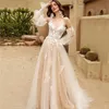 Bohemian Champagne Tulle A Line Wedding Dresses With Removable Long Sleeves Floral Lace Appliqued Bridal Gowns Sexy Sweetheart Bride Vestidos De Novia CL3179