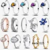 Anello di design Donna Fedi nuziali di lusso Vacanze di Natale con scatola Regalo di Capodanno Fai da te adatto Pandora Forma di fiore scintillante Con trapano blu Commercio all'ingrosso di gioielli